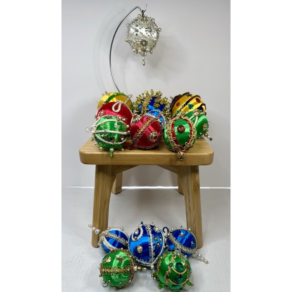 Vintage Satin Handmade Push Pin Beaded/Sequin Christmas Ornaments Lot Of 15 MCM